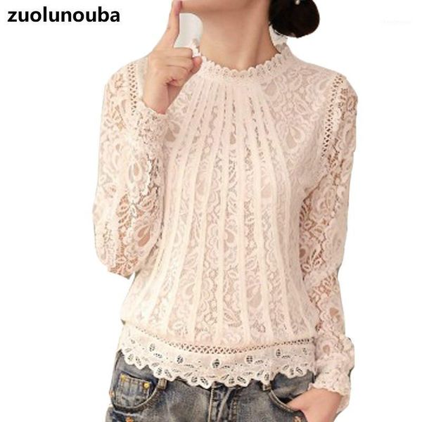 

2021 autumn and winter new lace sweet temperament is thin ladies bottoming shirt chiffon stitching hollow solid color women 1, White