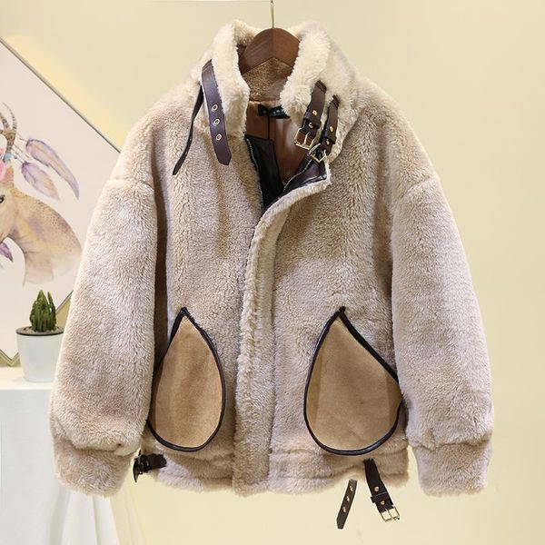 

ewq] 2020 autumn winter woman new stand collar long-sleeved cashmere loose splicing minimalist cardigan lambfur coat 8d372, Black;brown