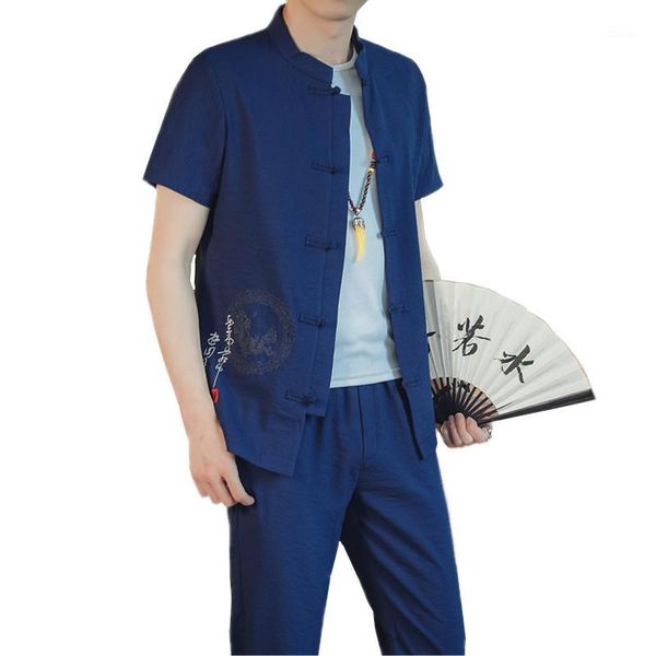 

men's tracksuits retro style mens embroidery two-piece set (shirts and pants) large size 5xl men shirt short sleeves ankle-length pants, Gray