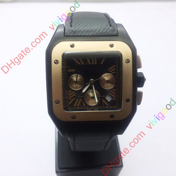 

new square black with rose gold mens watches vk quartz 100 xl montre de luxe braided leather strap wrist watch 40mm, Slivery;brown