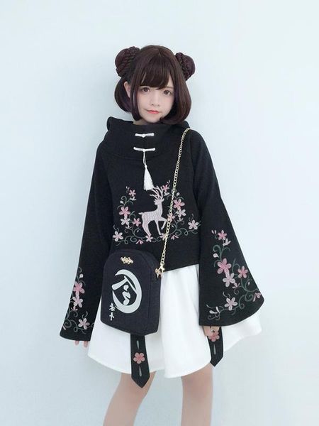 

chinese style white deer flower ring embroidery women's winter cape & skirt set cute warm hooded sweatshirt hoodies1, Gray