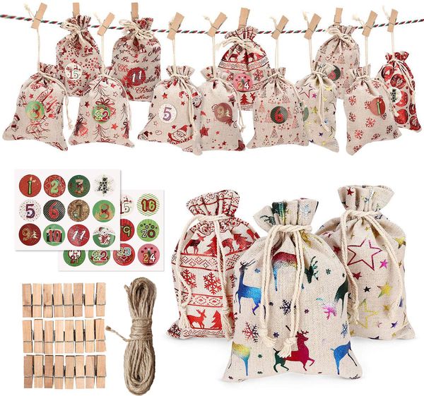 

24pc/set christmas decorative small cloth bags hanging advent calendar christmas cotton linen bag set christmas gift bags