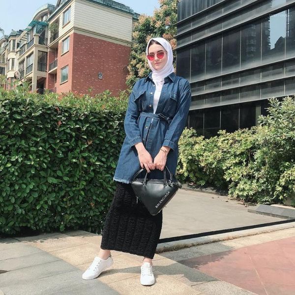 

denim muslim long sleeve women abaya kimono cardigan islamic tunic dubai turkey coat djelaba femme casaco arabe1, Red
