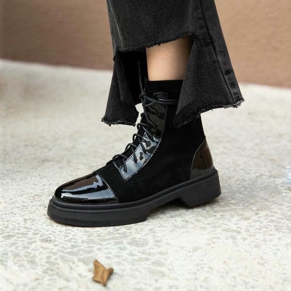 

new patchwork microfiber leather knitting short boots women ankle boots office shoes woman winter warm low heels, Black