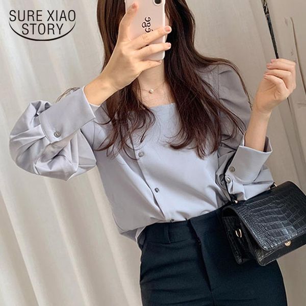 

2021 blusas mujer de moda square collar lantern sleeves solid blouse women casual button loose office lady women shirts 8746 50, White