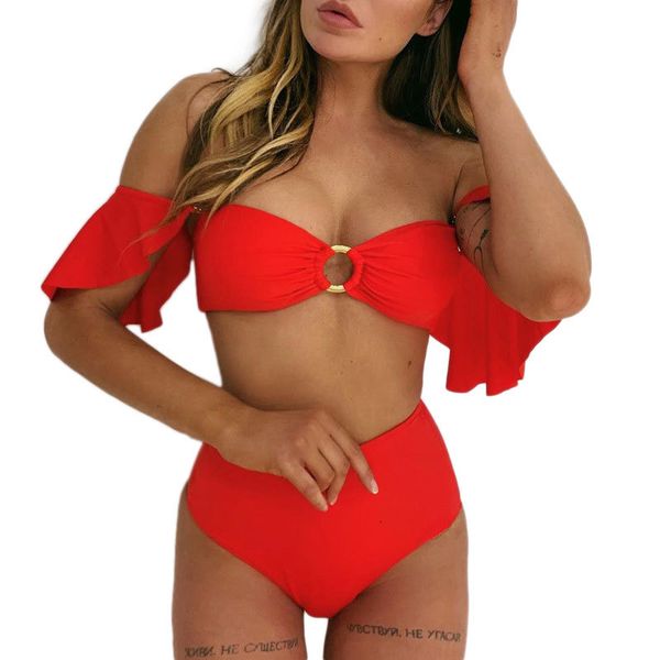 

hirigin new womens lady bikini set swimsuit patchwork fashion ruffles solid color bathing suit swimwear beachwear, Black;white