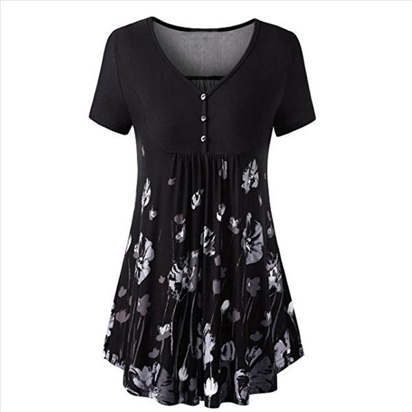 

stylish bar womens blouses and summer autumn printed v neck button front pleated flared comfy loose tunic long blouses, White