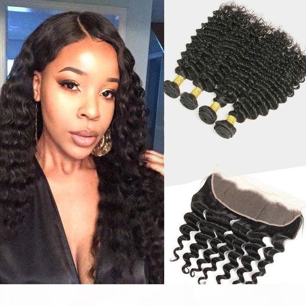 

brazilian unprocessed human hair 3 bundles with 13x4 lace frontal deep wave natural color virgin hair wefts with closure 8-30inch, Black;brown