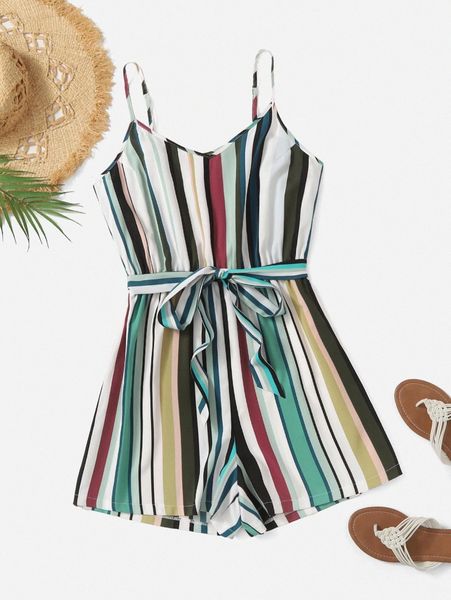 

plus block striped belted cami sleep romper x4wl#, Black