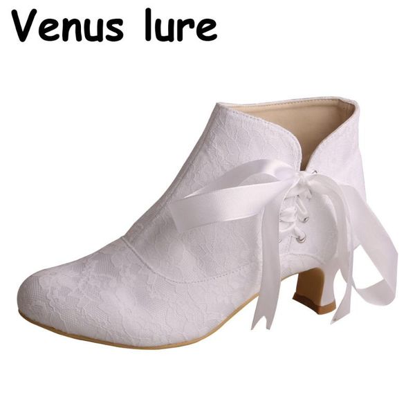 

wedopus wedding white lace boots women block heel shoe boots size 5, Black