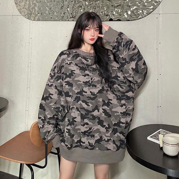 

patchwork button waist streetwear oversized women sweatshirt pullover hoodies fashion crewneck long sleeve camouflage camo top, Black