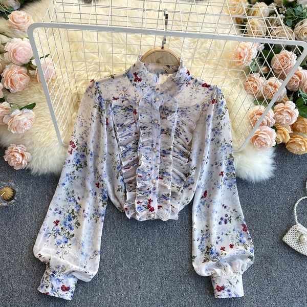 

2021 new floral singiny female blouse spring the puff neck chiffon boho imprint streetwear blouses 3ct4, White