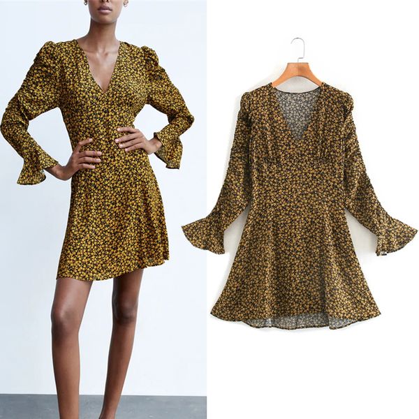 

2021 new women yellow printed mini dress woman v-neck long sleeve elastic ruched fashion side zip up a-line ladies dresses a1is, Black;gray