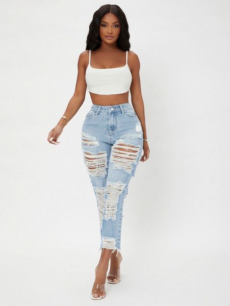 

sxy high waist ripped raw hem cropped jeans h4dp#, Blue