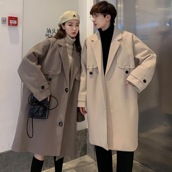 

winter woolen coat men's mid-length korean version of the trend of thicker loose small woolen coat lovers1, Black