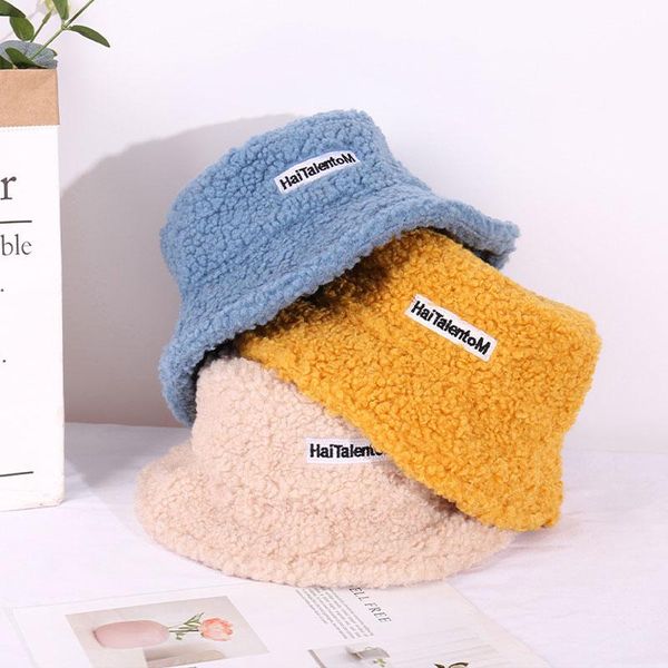 

wide brim hats lamb faux fur bucket hat thickened warm teddy velvet winter for women lady bob panama outdoor plush fisherman, Blue;gray