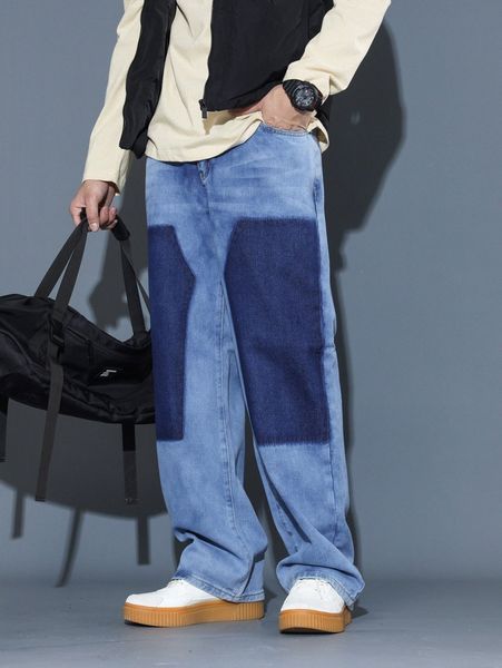 

men two tone straight leg jeans 57hk#, Blue