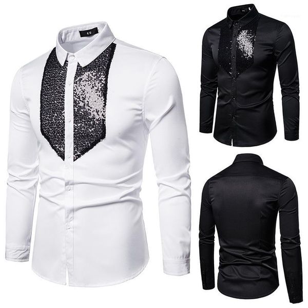 

2020 new men's shirt, men's shirt, fashion beaded decorative lapel non-ironing long-sleeved shirt men1, White;black
