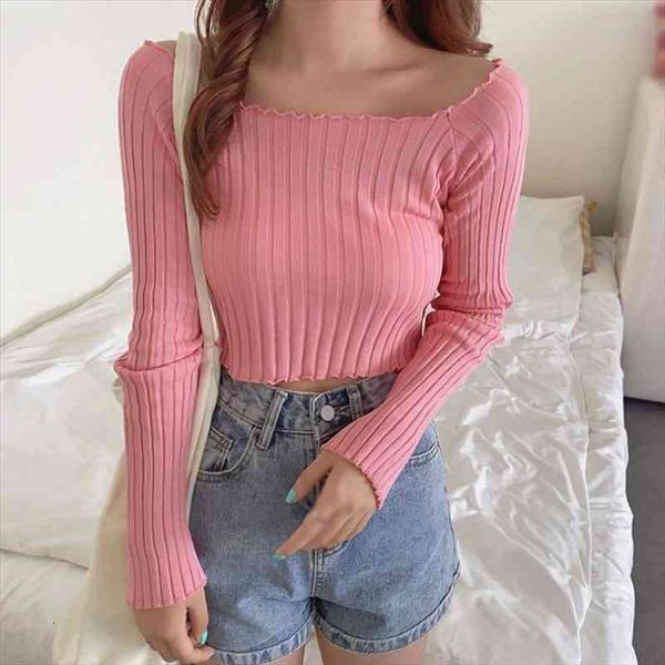 

women sweaters off shoulder knitting crop long sleeve stretchy ruffles hem tee shirts women summer solid crop tees, White;black