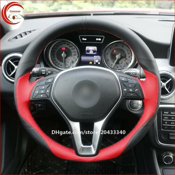 

hand-stitched black red leather car steering wheel cover for benz a b-class cla