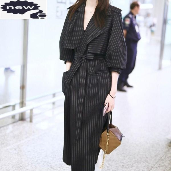 

women's trench coats brand fashion women super long coat runway striped outwear windbreaker female belted high street loose, Tan;black