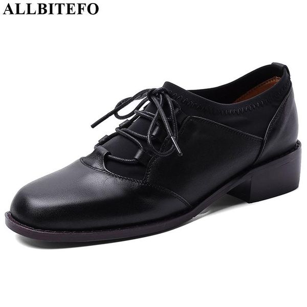 

allbitefo натуральной натуральной кожи ботинки высокой пятки мода зашнуровать высокие каблуки удобных квадратного носок женщины каблуков, Black