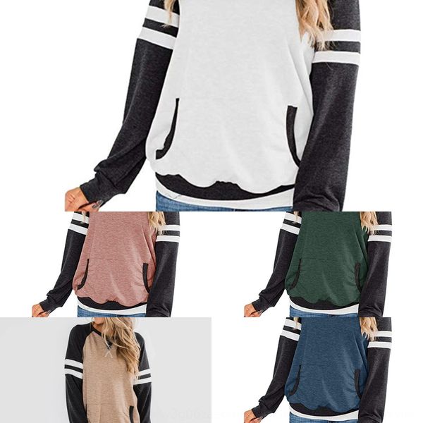 

women's clothing 2019 autumn and winter new color matching long pullover pullovert-shirt pulloversleeve t-shirt pocket pullover avsu6, Black