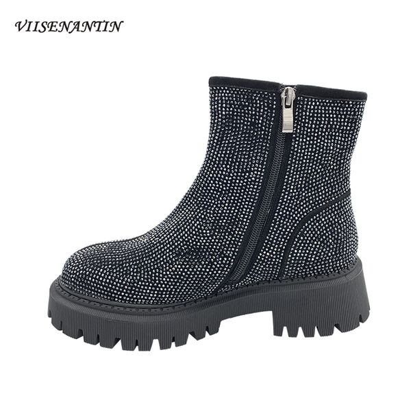

boots rhinestone starry platform short women autumn and winter ankle motorcycle round toe side zipper, Black