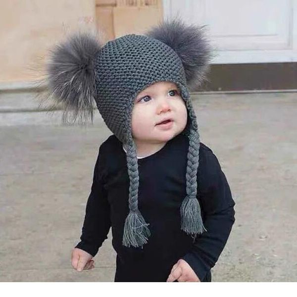 

kids real fur pom pom hat baby winter crochet earflap hat girls boys knitted beanie double two real fur pompom jllhxo