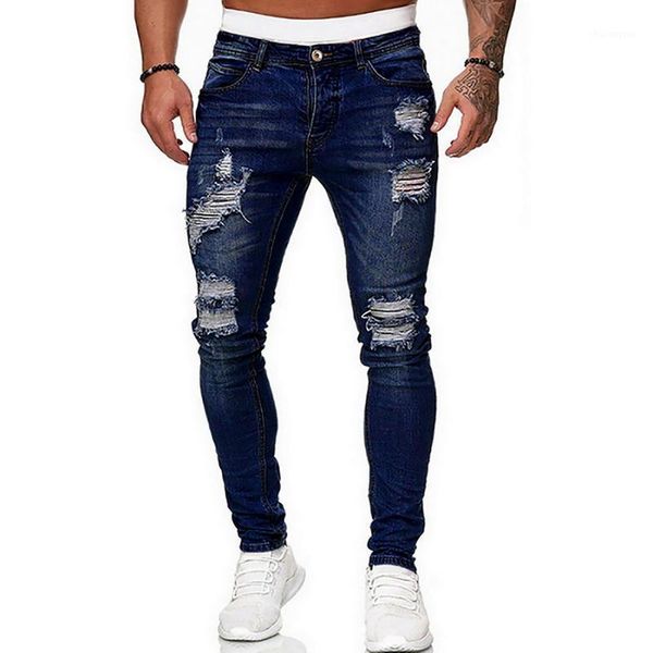

men's sweatpants hole jeans pants casual summer autumn male ripped skinny trousers slim biker outwears pants 20201, Blue