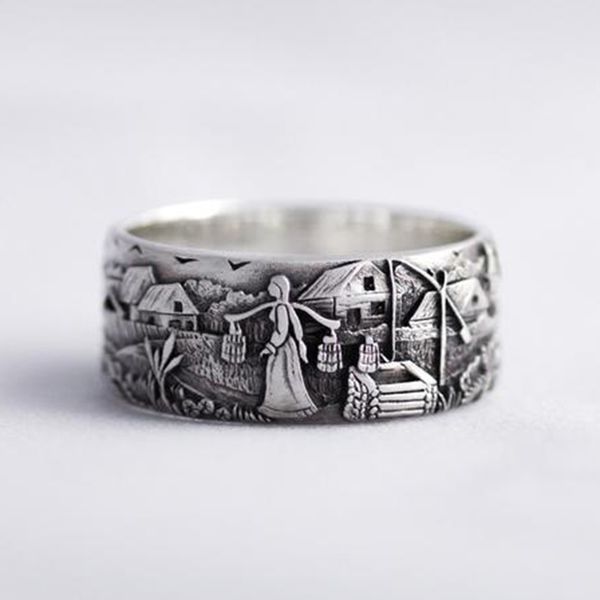 

gothic retro rings for men craft do old silver color rural idyllic scene vintage punk man ring fashion handwork jewelry 40m795, Golden;silver