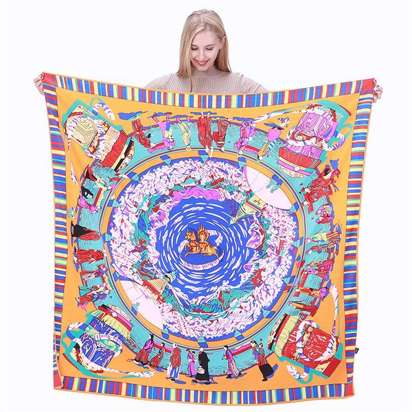 

new twill silk scarf women tibet pilgrimage printing square scarves fashion wrap female foulard large hijab shawl neckerchief 130*130cm, Blue;gray