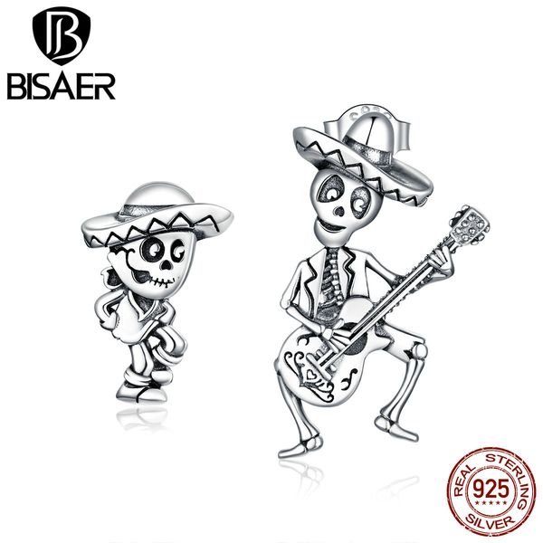 

bisaer skull man with guita 925 sterling halloween women stud female classic silver earrings jewelry q1219, Golden;silver