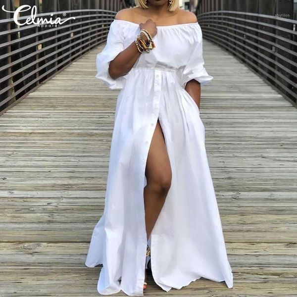 

casual dresses celmia high split dress women off shoulder long loose solid plus size sundress summer waist buttons1, Black;gray