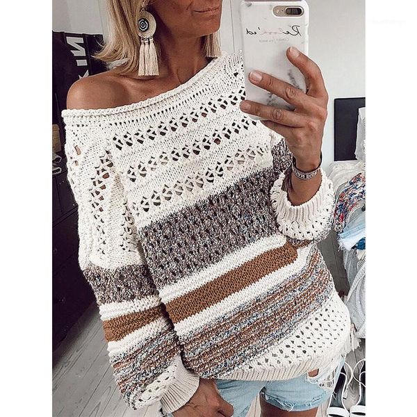 

off shoulder sweater women 2019 fashion autumn multicolor striped knitted pullovers elegant hollow out sweater 1, White;black