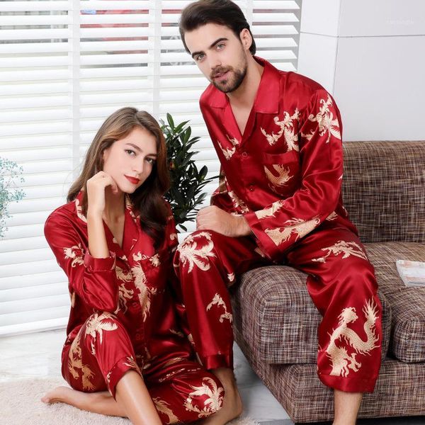 

simulation silk couple pajamas new long-sleeved suit men and women v-neck silk printing dragon and phoenix home clothing1, Black;brown