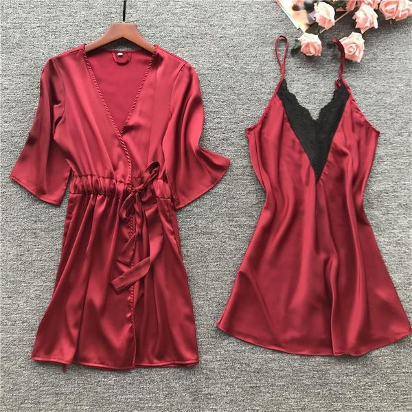 

women's sleepwear burgundy lace satin patchwork kimono robe gown set with belt women backless v-neck nightdress lounge home dress, Black;red