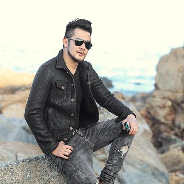 

men's fur & faux winter mens lining pu leather jacket short slim fit coat single breasted motorcycle biker warm outwear coats, Black