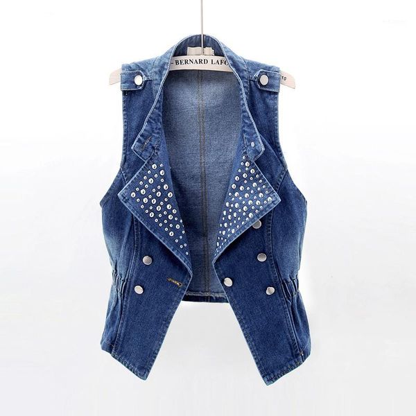 

vintage blue denim vest women casual slim sleeveless jacket rivets denim vest plus size locomotive short waistcoats tide g2471, Black;white
