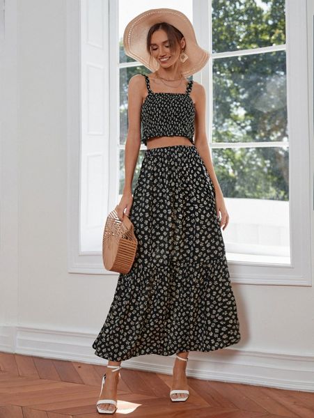 

ditsy floral shirred cami & skirt set c8j8#, White