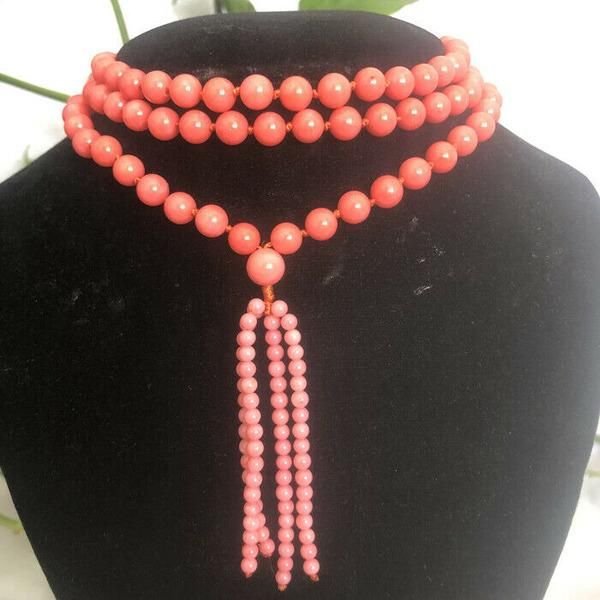 

chains 7-8mm round pink natural high-quality coral necklace buddhism 48", Silver