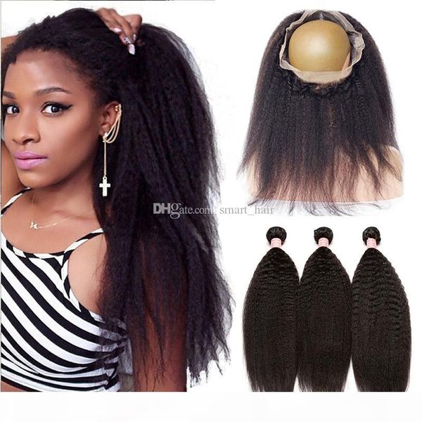 

mongolian 9a kinky straight hair bundles with ear to ear 360 lace band frontal coarse yaki 360 lace frontal with hair extensions, Black