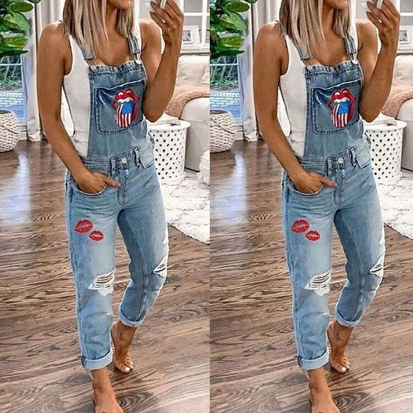 

2019 new pop lips embroidered jeans suspenders women, Blue