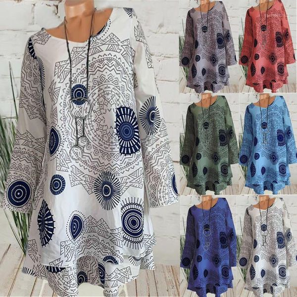 

women's t-shirt women's retro printed long sleeve round neck casual loose shirt dress plus size1, White