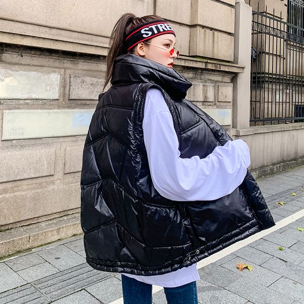 

2020 winter women's long vest solid stand collar thick sleeveless jacket women cotton padded oversized casual overcoat female 1023, Black;white