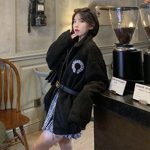

ch crosin cashmere collar jacket for couples zipper cardigan loose casual jacket fashion brand, Black