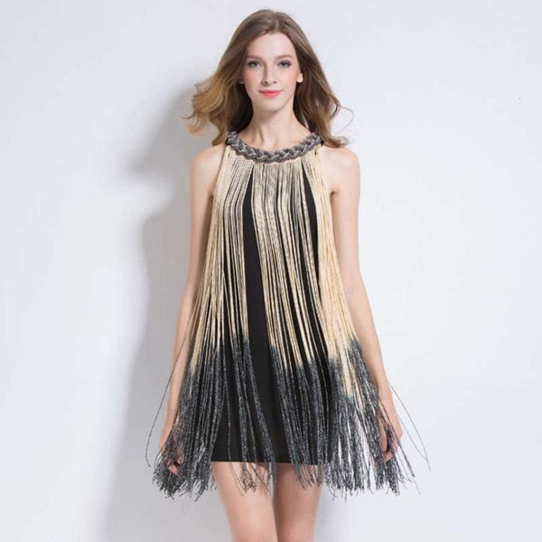 

hanging neck heavy work fashion new irregular gradient tassel dress, Black;gray