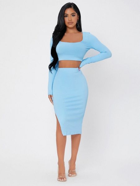 

petite ribbed knit crop & high waist split thigh skirt u4nq#, White