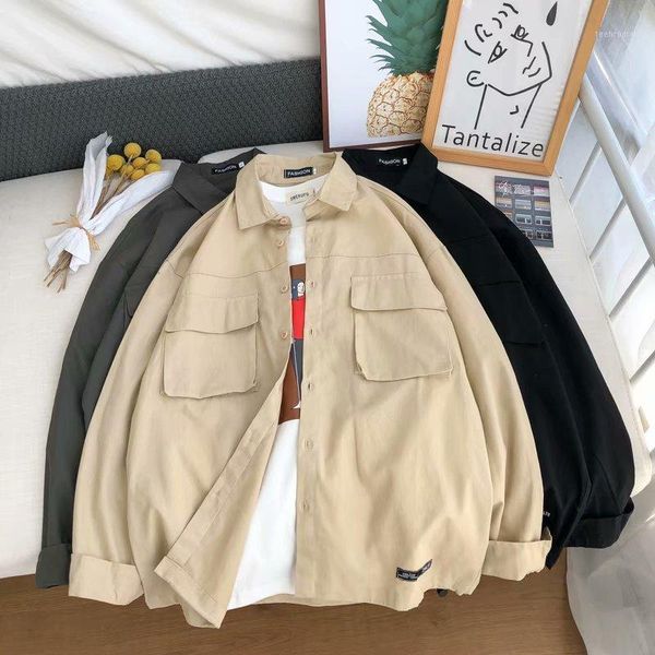 

shirt men long sleeve plus size japanese style streetwear shirts mens casual loose bf males vintage clothes students pockets1 men's, White;black