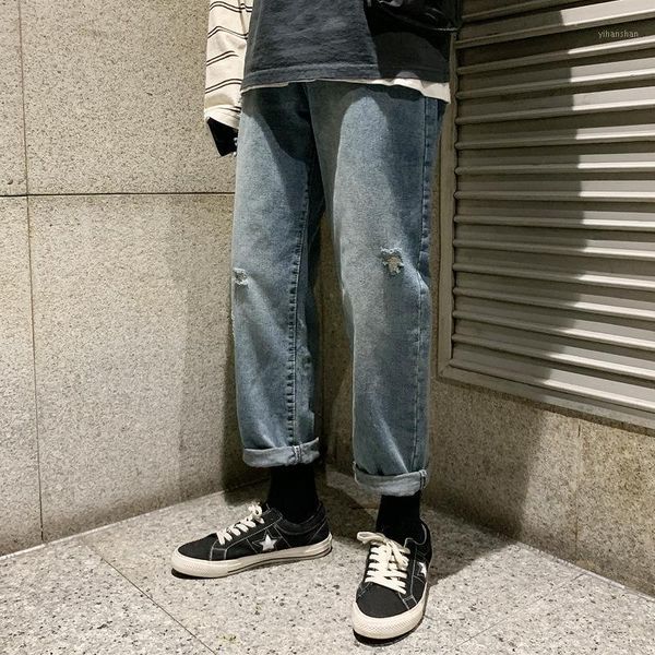 

autumn winter 2021 new style japanese fashion casual retro men's denim worn patch to make old daddy pants men trendy harem jeans1, Blue